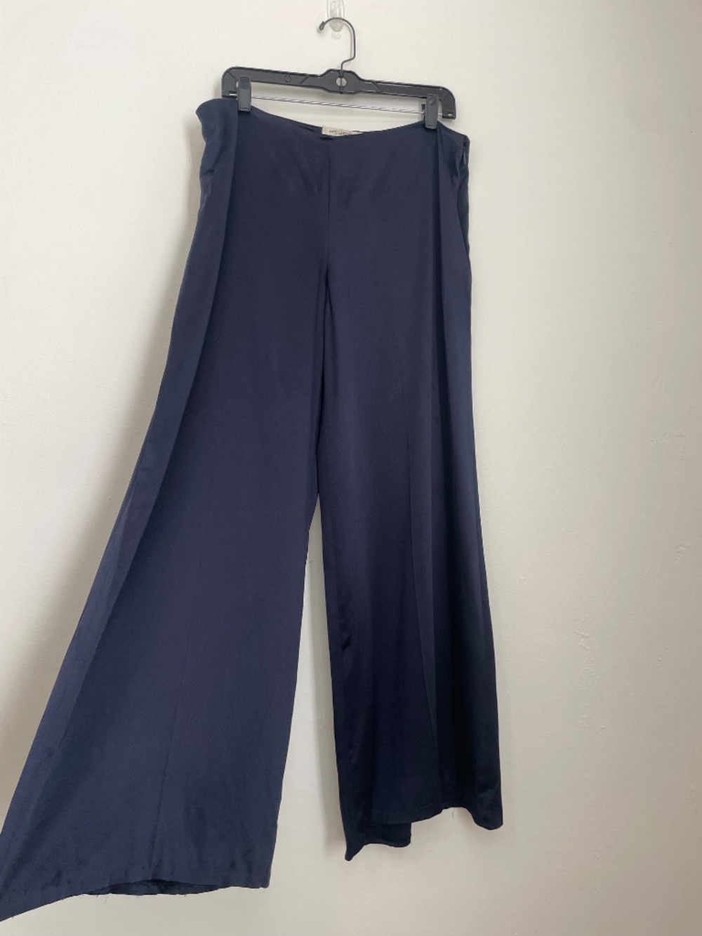 St. John 100% Silk Wide Leg Dress Pants, Navy Blue Satin Trousers, Women's 12